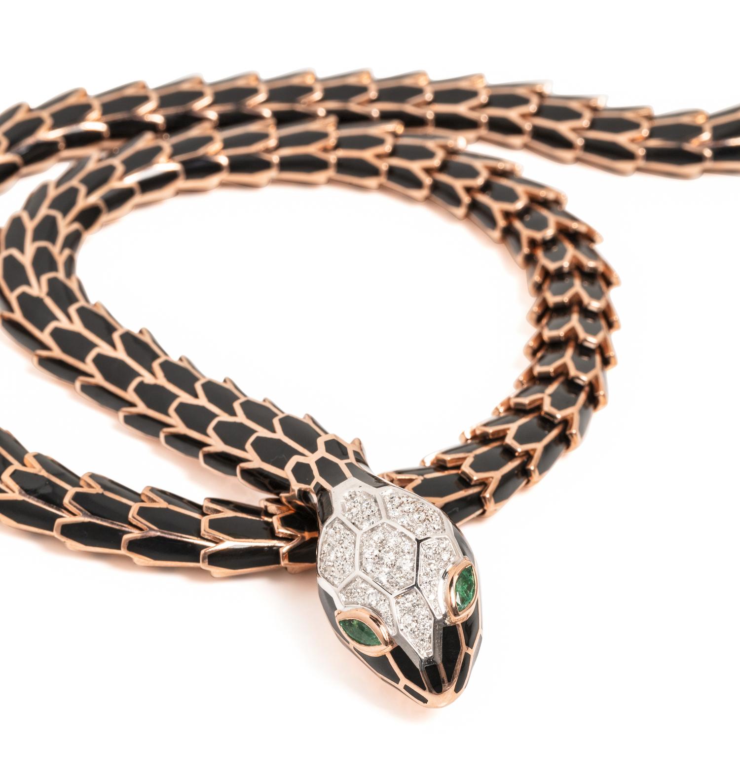 ROSE GOLD, ENAMEL AND DIAMOND SNAKE NECKLACE