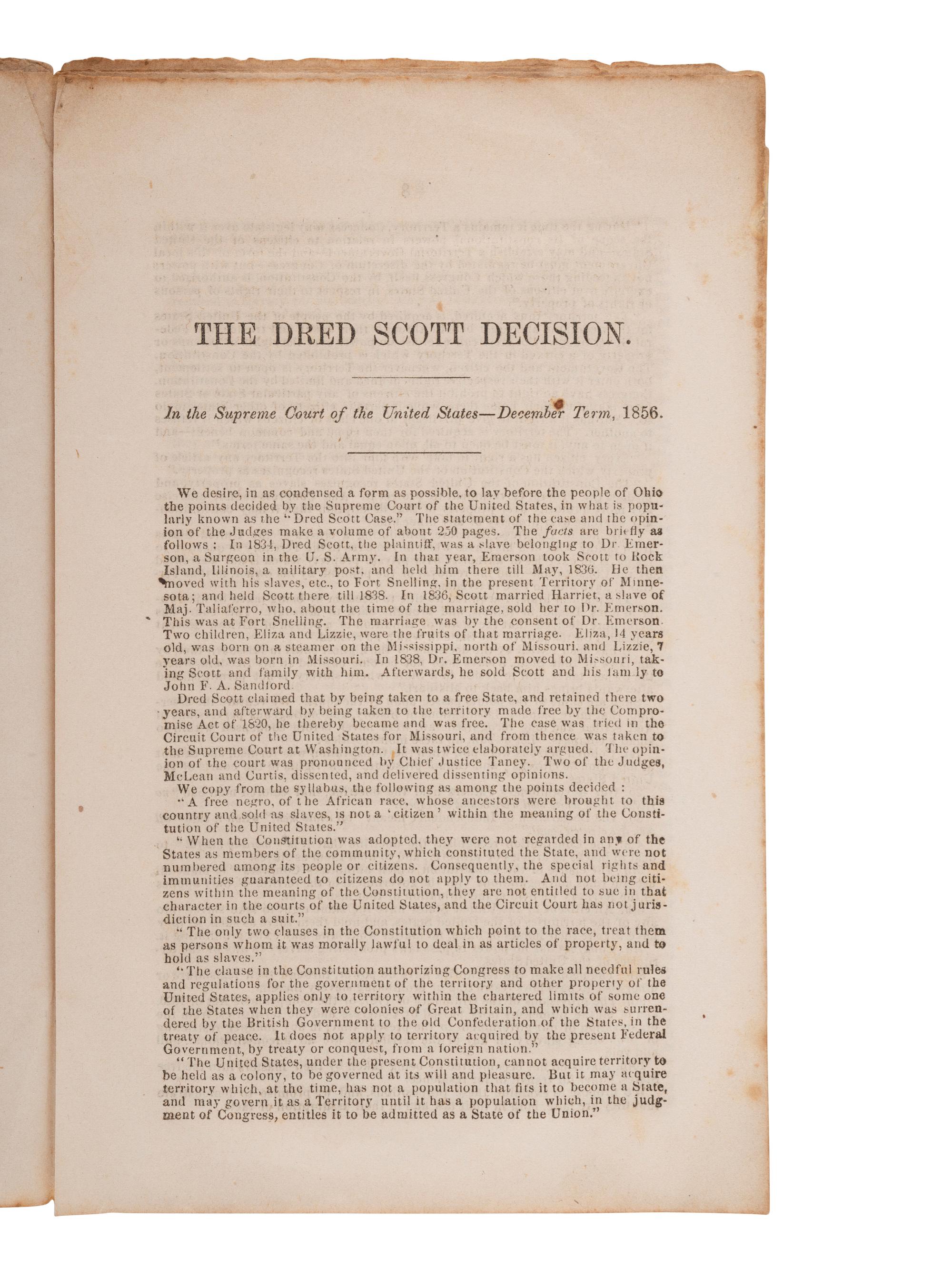 [ENSLAVEMENT]. The Slavery Question. Dred Scott Decision. To the Free Voters of Ohio, [1857].