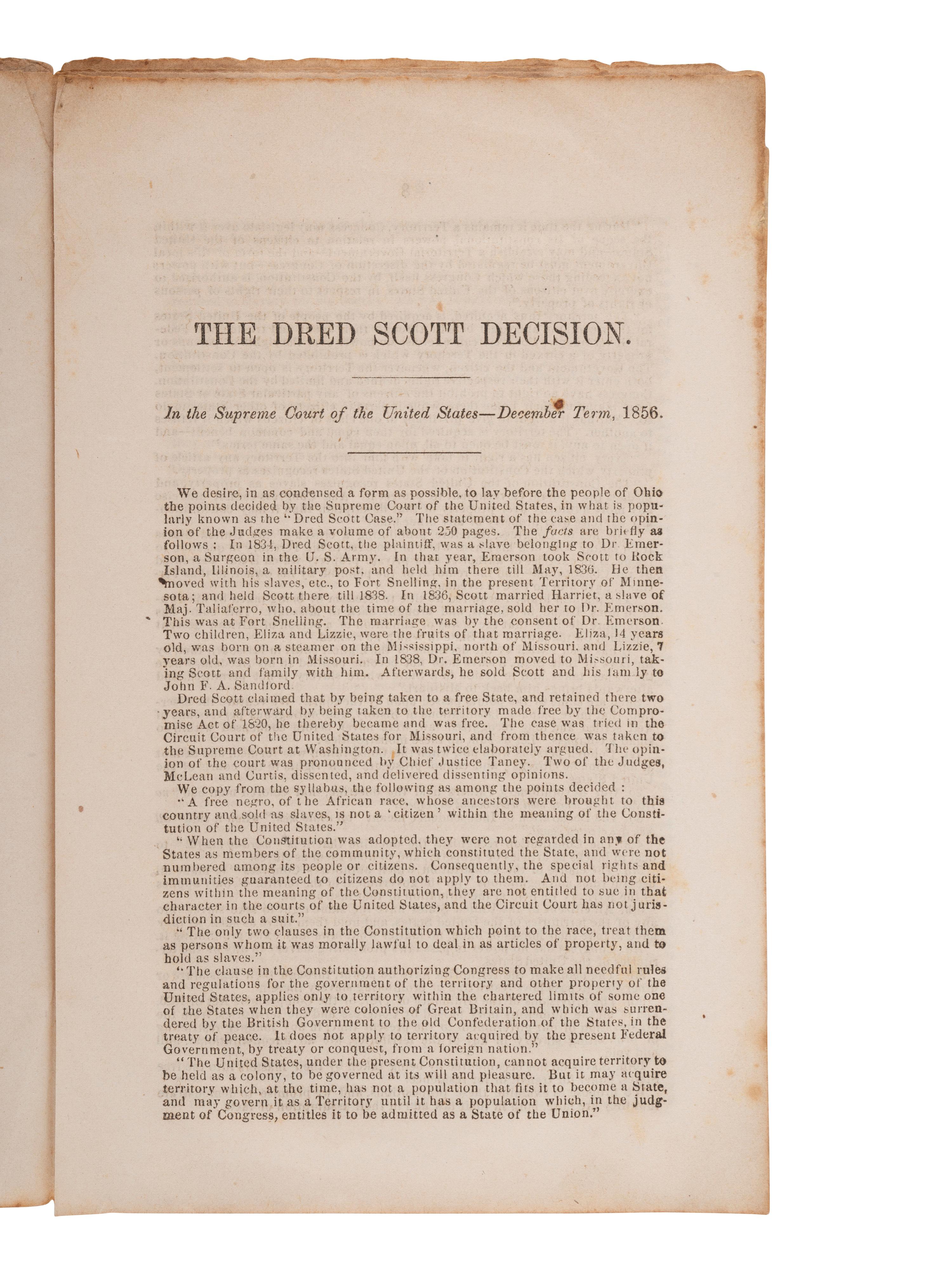 [ENSLAVEMENT]. The Slavery Question. Dred Scott Decision. To the Free Voters of Ohio, [1857].