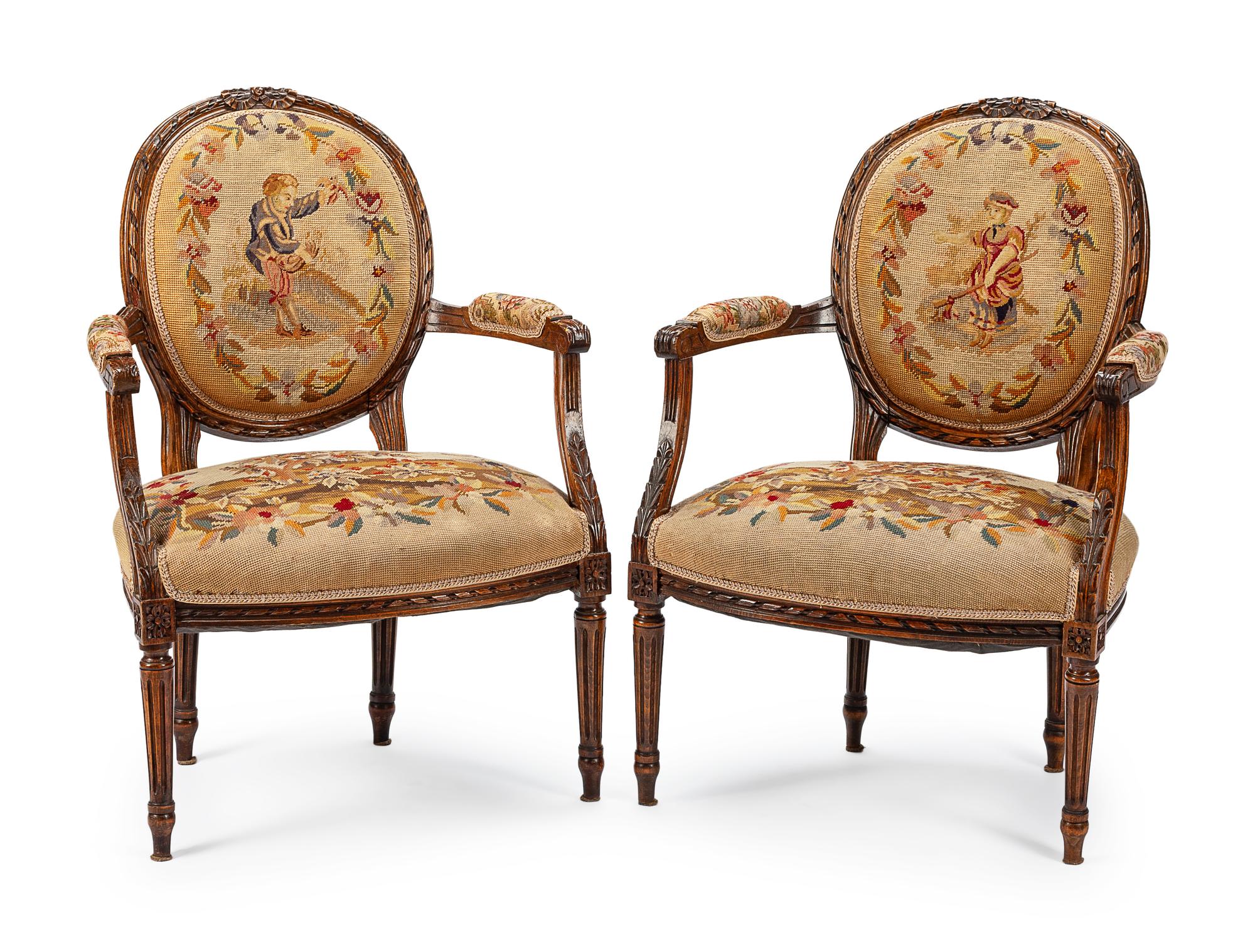 A Pair of Louis XVI Style Needlepoint-Upholstered Fauteuils