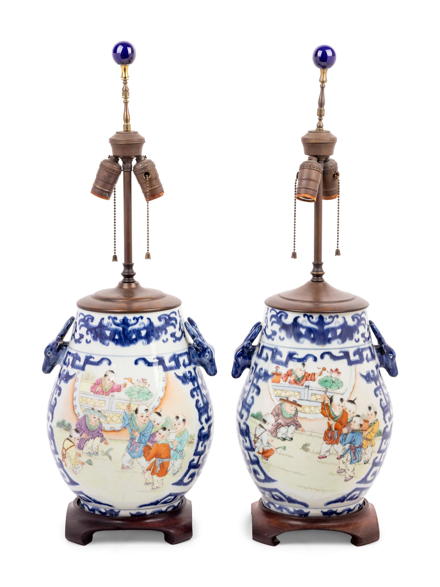 A Pair of Chinese Famille Rose and Underglaze Blue Hu-Form Vases Mounted as Lamps