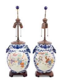 A Pair of Chinese Famille Rose and Underglaze Blue Hu-Form Vases Mounted as Lamps