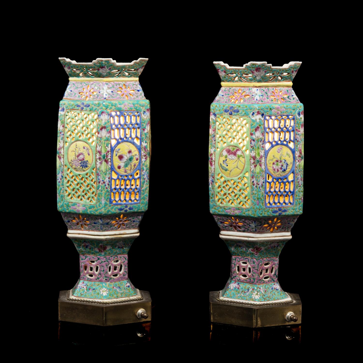A Pair of Chinese Famille Rose Porcelain Lanterns, Early-Mid 20th Century 近代 粉彩鏤雕瓷宮燈一對