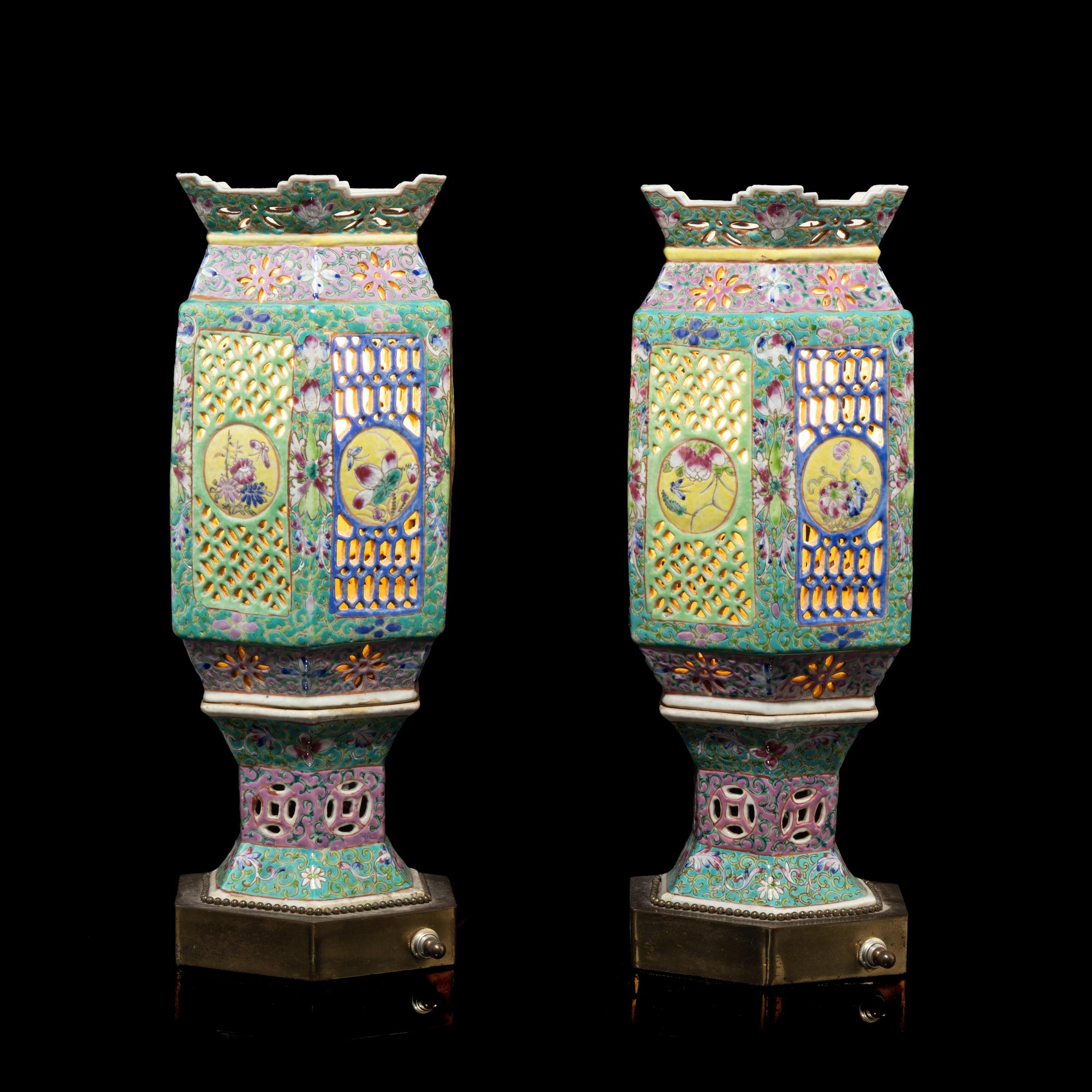 A Pair of Chinese Famille Rose Porcelain Lanterns, Early-Mid 20th Century 近代 粉彩鏤雕瓷宮燈一對