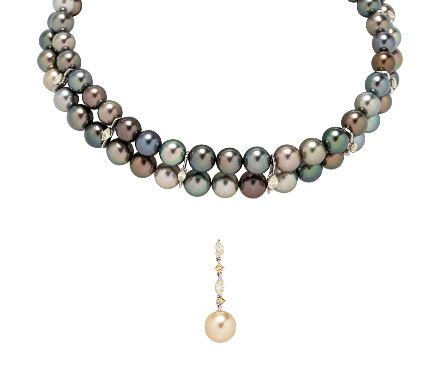 MIKIMOTO, DOUBLE STRAND CULTURED PEARL CHOKER WITH PEARL DROP