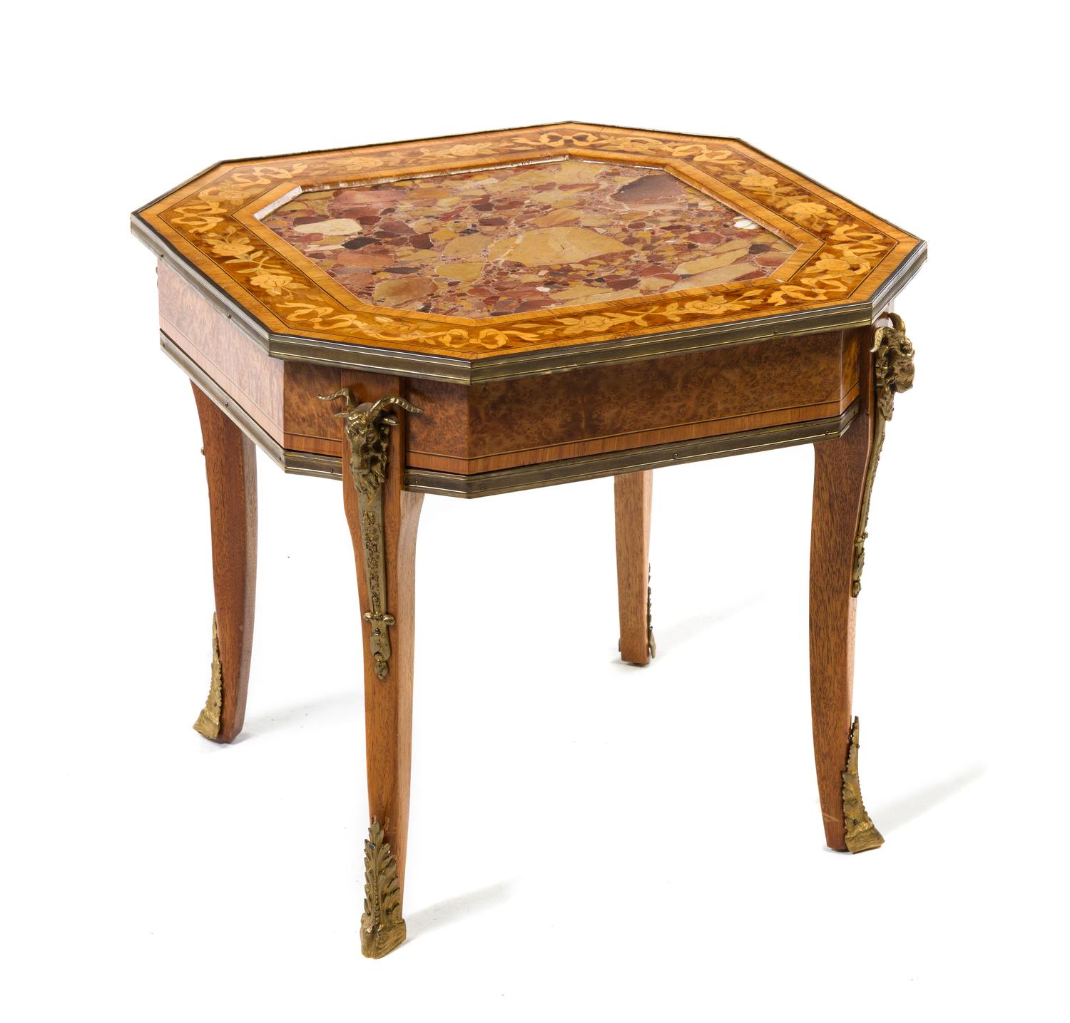 A Neoclassical Marquetry and Gilt Metal Mounted Burlwood Jardiniere Stand, Height 20 x width 22 1/2 x depth 22 1/2 inches.