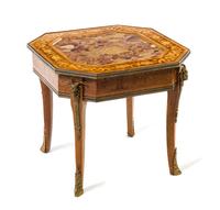A Neoclassical Marquetry and Gilt Metal Mounted Burlwood Jardiniere Stand, Height 20 x width 22 1/2 x depth 22 1/2 inches.