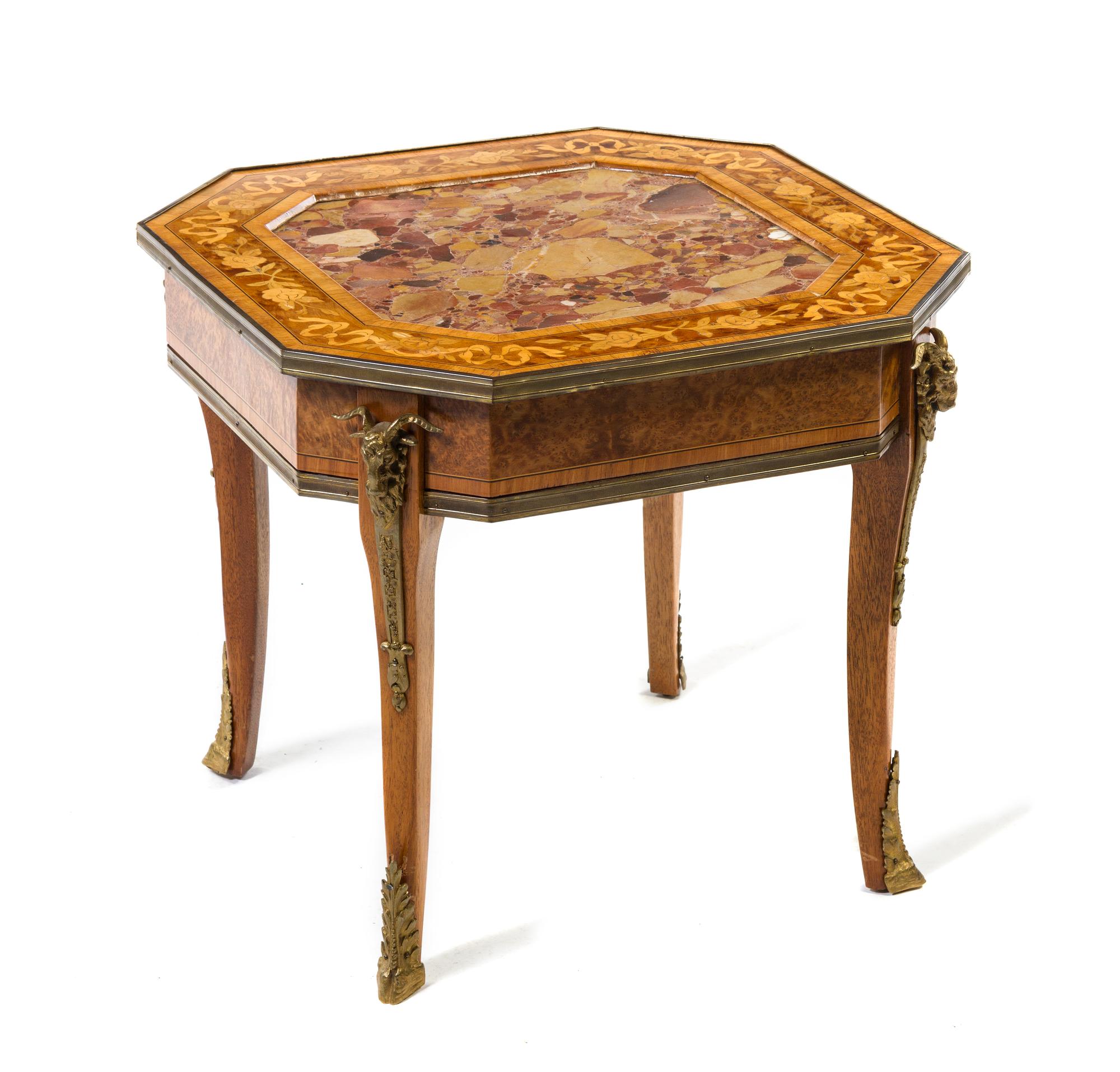 A Neoclassical Marquetry and Gilt Metal Mounted Burlwood Jardiniere Stand, Height 20 x width 22 1/2 x depth 22 1/2 inches.