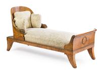An Empire or Egyptian Revival Burlwood Chaise Longue Length 73 inches. — 19TH CENTURY
