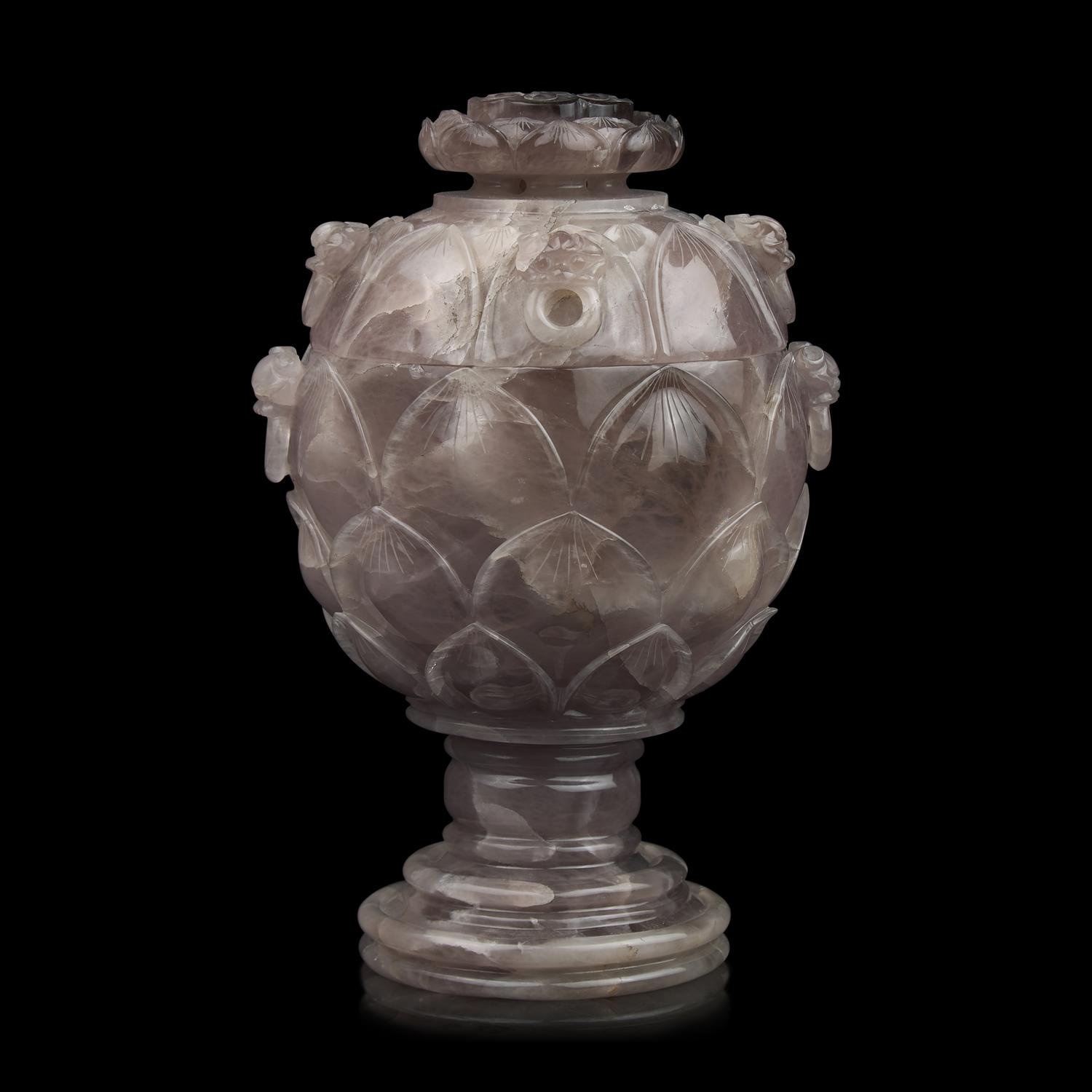 A Large Chinese Carved Amethystine Quartz "Lotus" Footed Vessel and Cover
