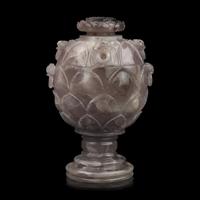 A Large Chinese Carved Amethystine Quartz "Lotus" Footed Vessel and Cover