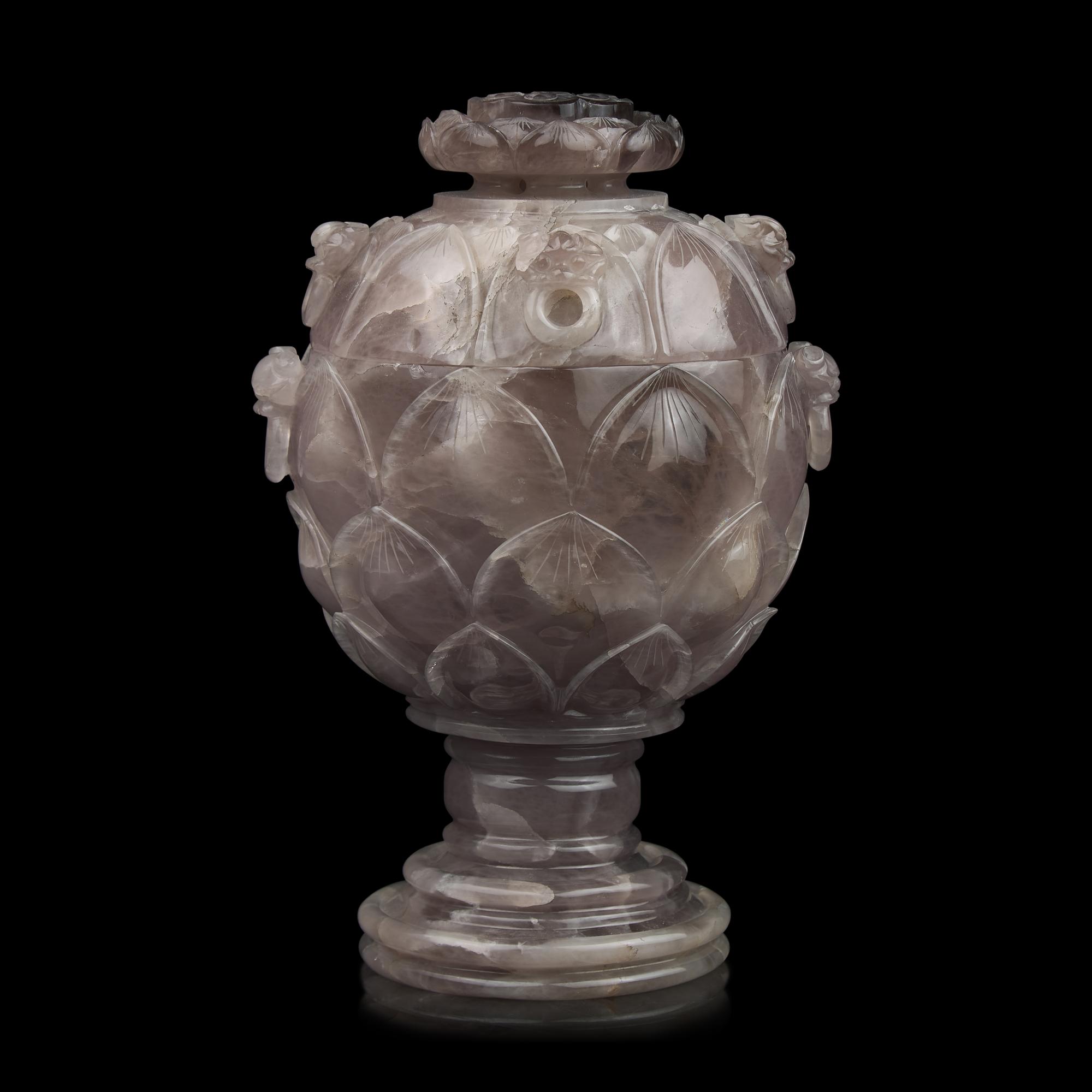 A Large Chinese Carved Amethystine Quartz "Lotus" Footed Vessel and Cover