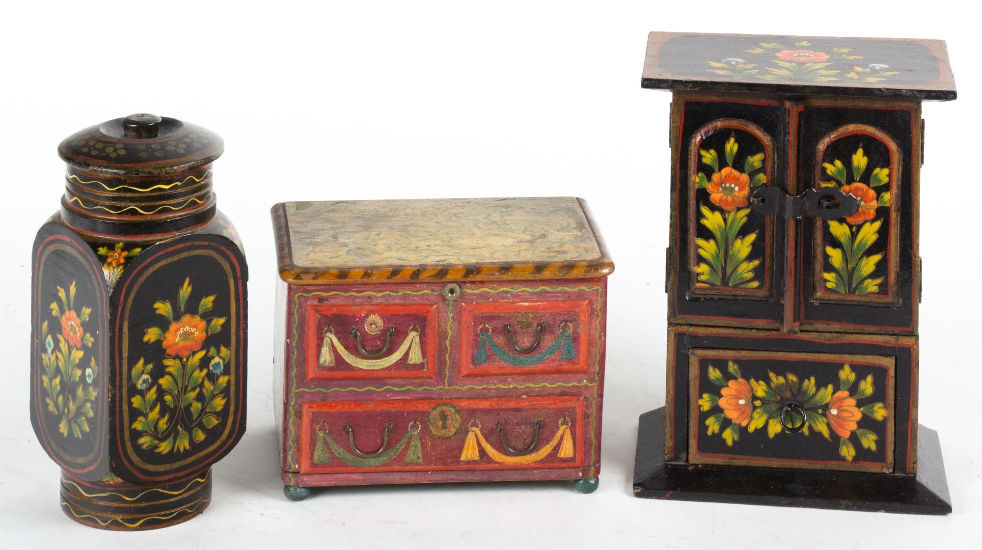 Two Italian Painted Miniature Chests Height of taller 9 inches.