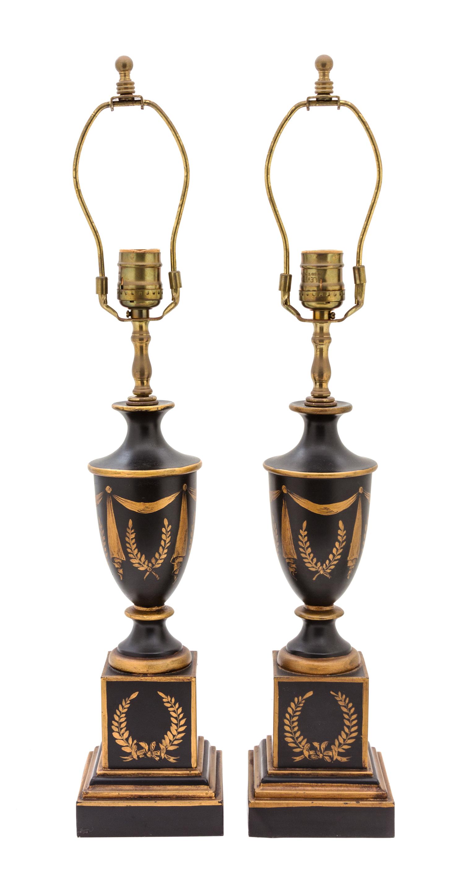 A Pair of Regency Style Gilt Decorated Tole Lamps Height 22 inches. — 20TH CENTURY