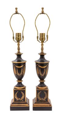 A Pair of Regency Style Gilt Decorated Tole Lamps Height 22 inches. — 20TH CENTURY