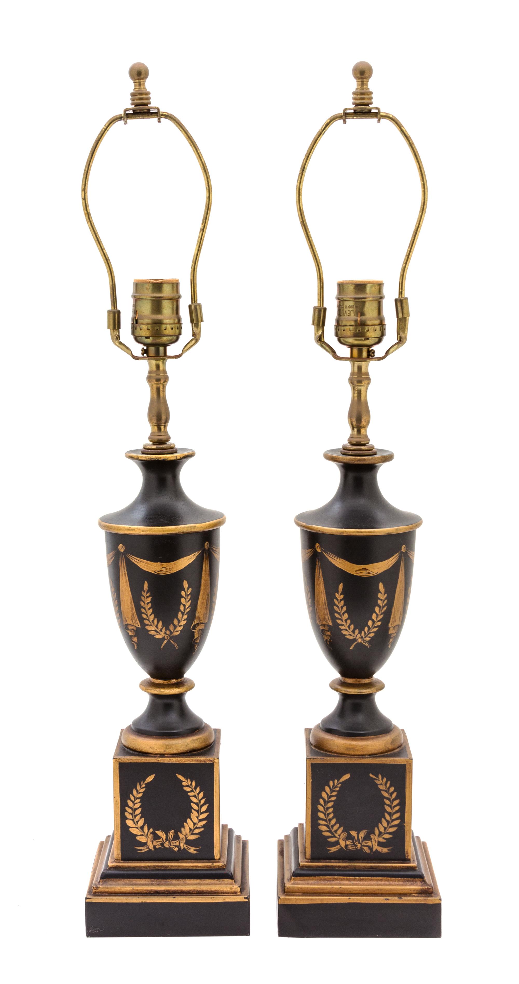 A Pair of Regency Style Gilt Decorated Tole Lamps Height 22 inches. — 20TH CENTURY