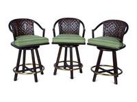 A Set of Three Stained Wood, Leather and Brass Bar Stools — 20TH CENTURY