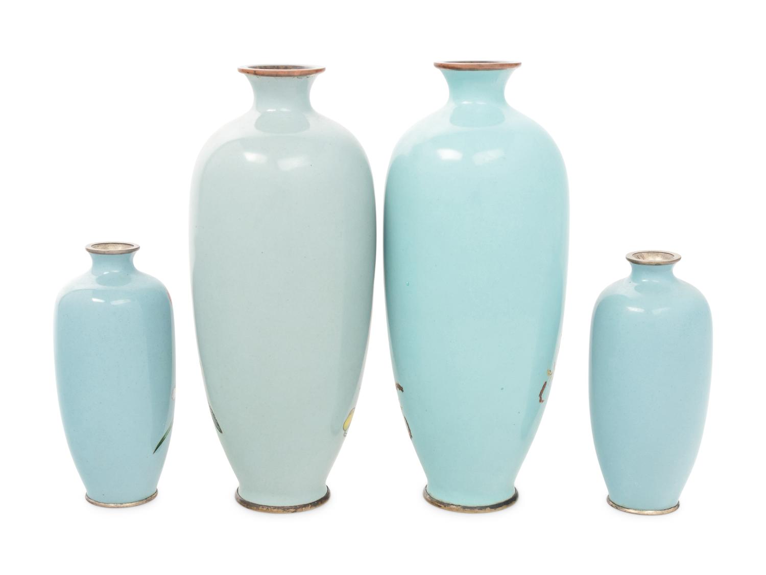 Two Pairs of Japanese Blue Ground Cloisonné Enamel Vases