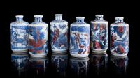 Six Underglaze Red and Blue Porcelain Snuff Bottles Height of tallest 3 1/8 inches. — 18TH-19TH CENTURY