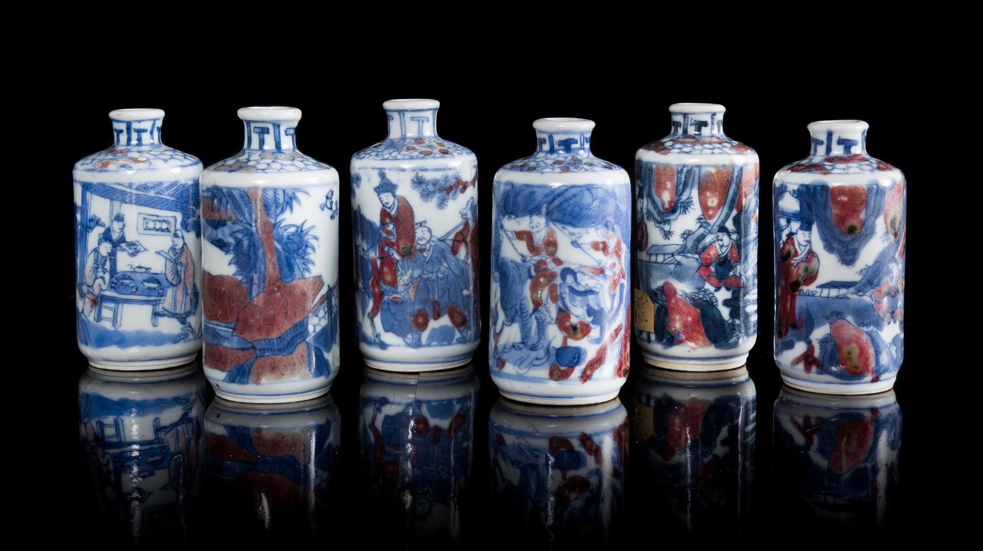 Six Underglaze Red and Blue Porcelain Snuff Bottles Height of tallest 3 1/8 inches. — 18TH-19TH CENTURY
