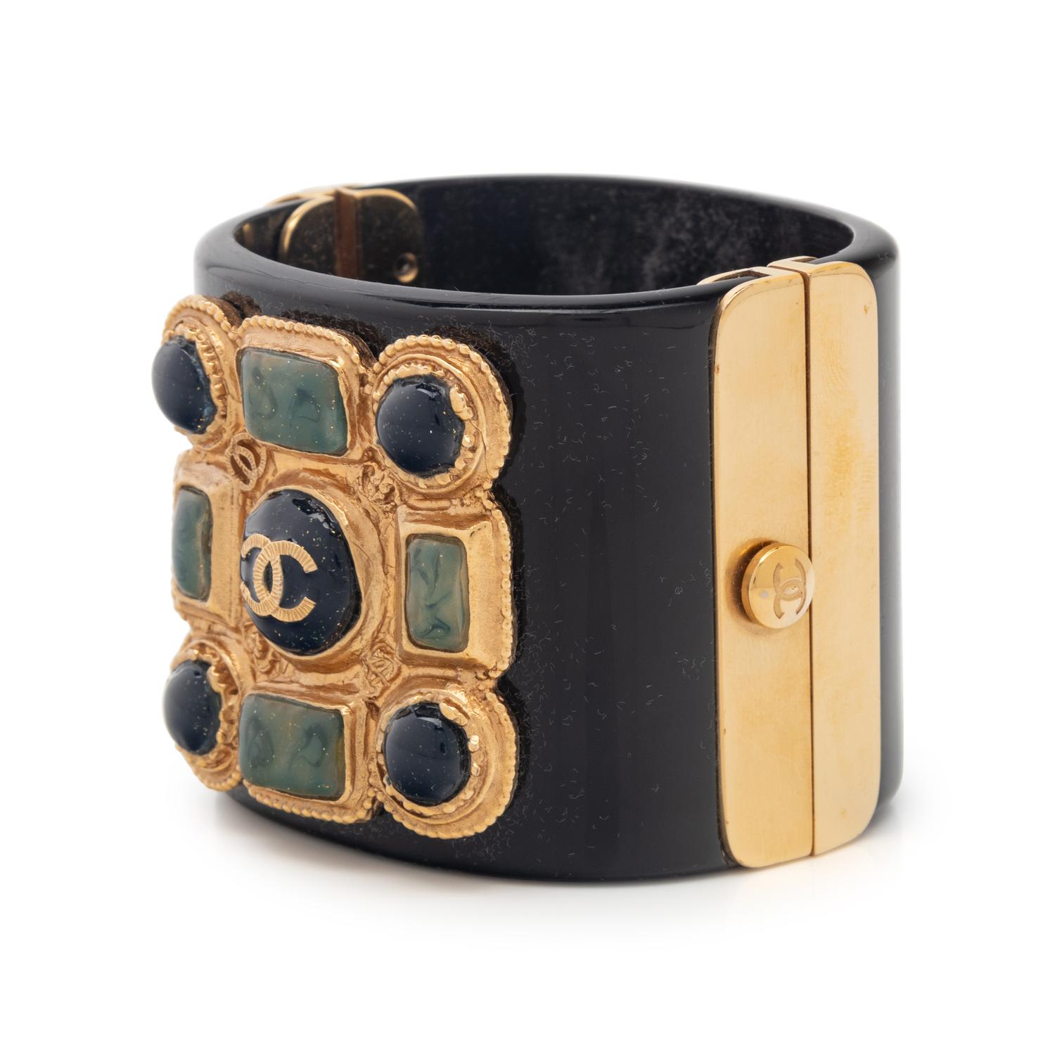 Chanel Black Resin and Gold-Tone Metal Cuff
