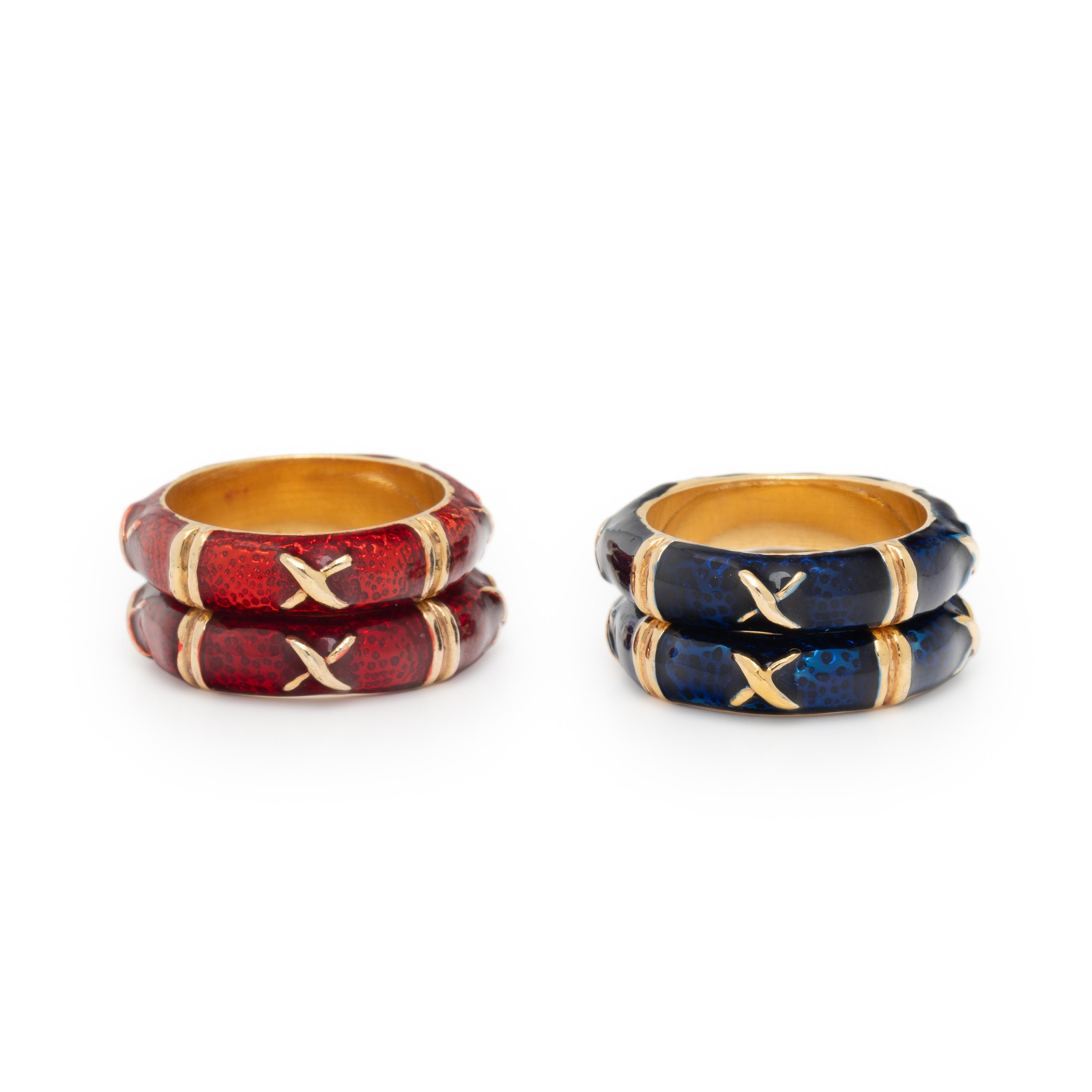 Pair of Enamel and Yellow Gold Rings