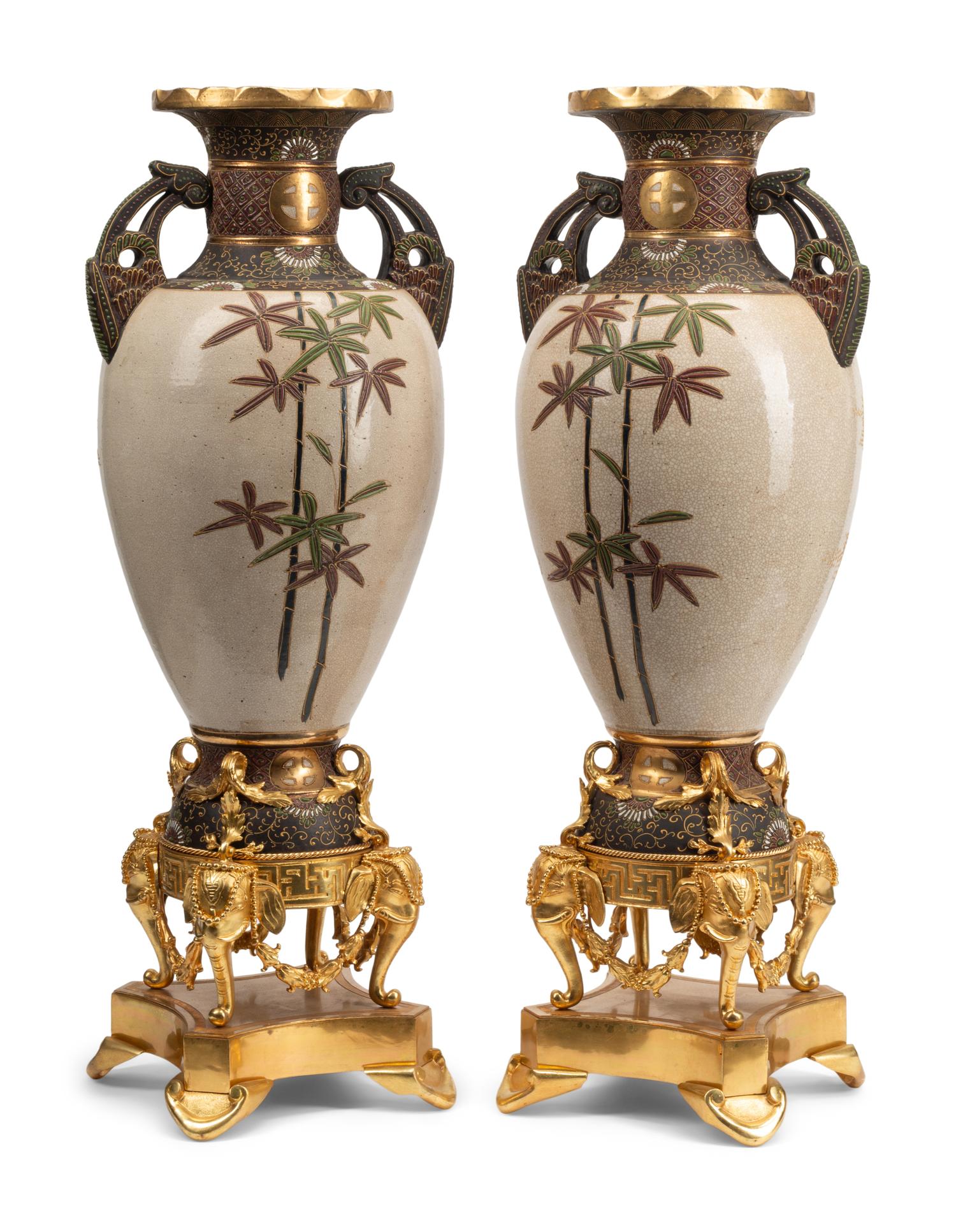 A Pair of Gilt Bronze Mounted Satsuma Porcelain Vases