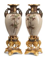 A Pair of Gilt Bronze Mounted Satsuma Porcelain Vases