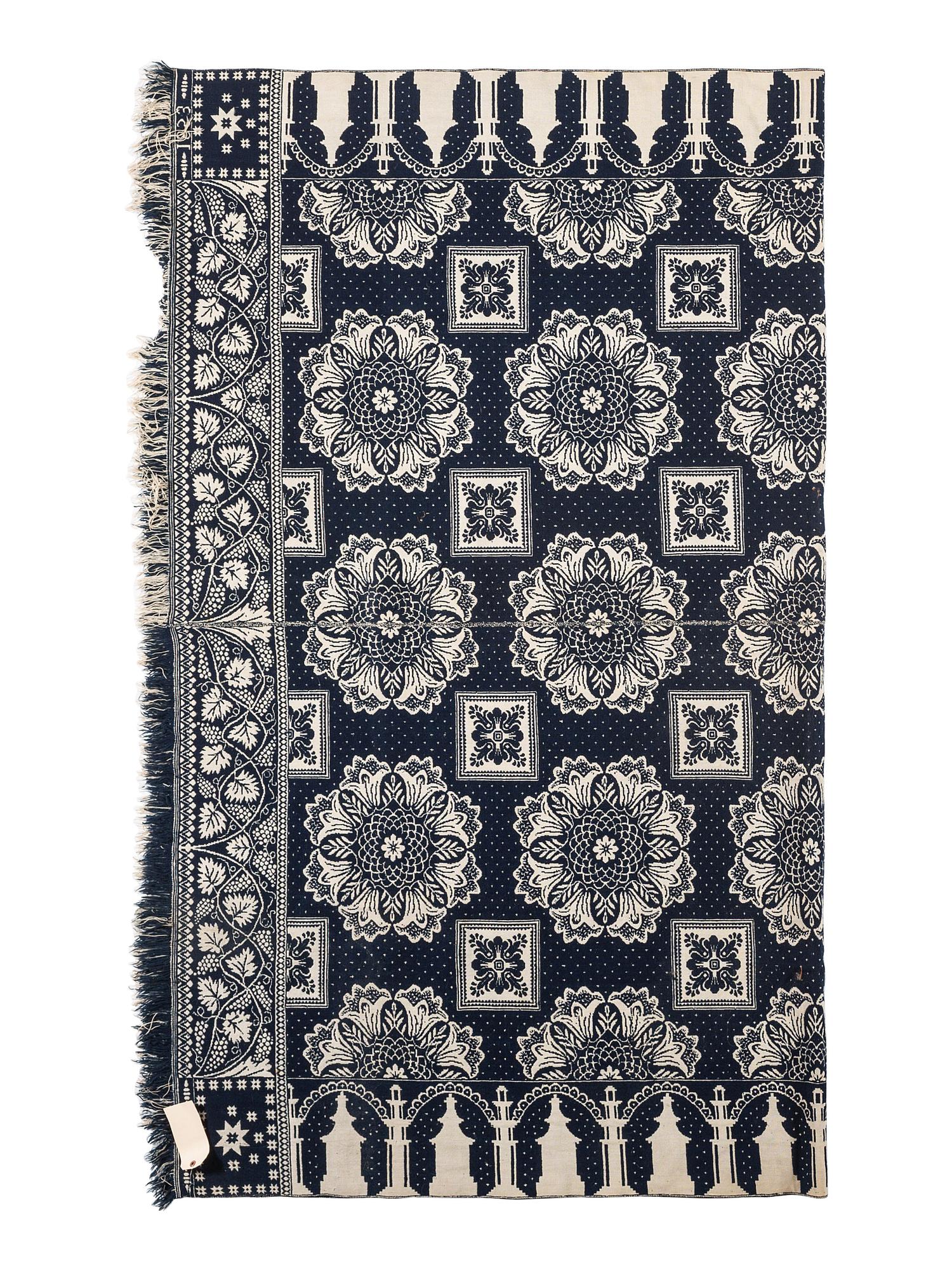 A Blue and White Jacquard Woven Coverlet