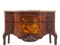 A Louis XV/XVI Transitional Style Gilt Bronze Mounted Marquetry Marble-Top Commode