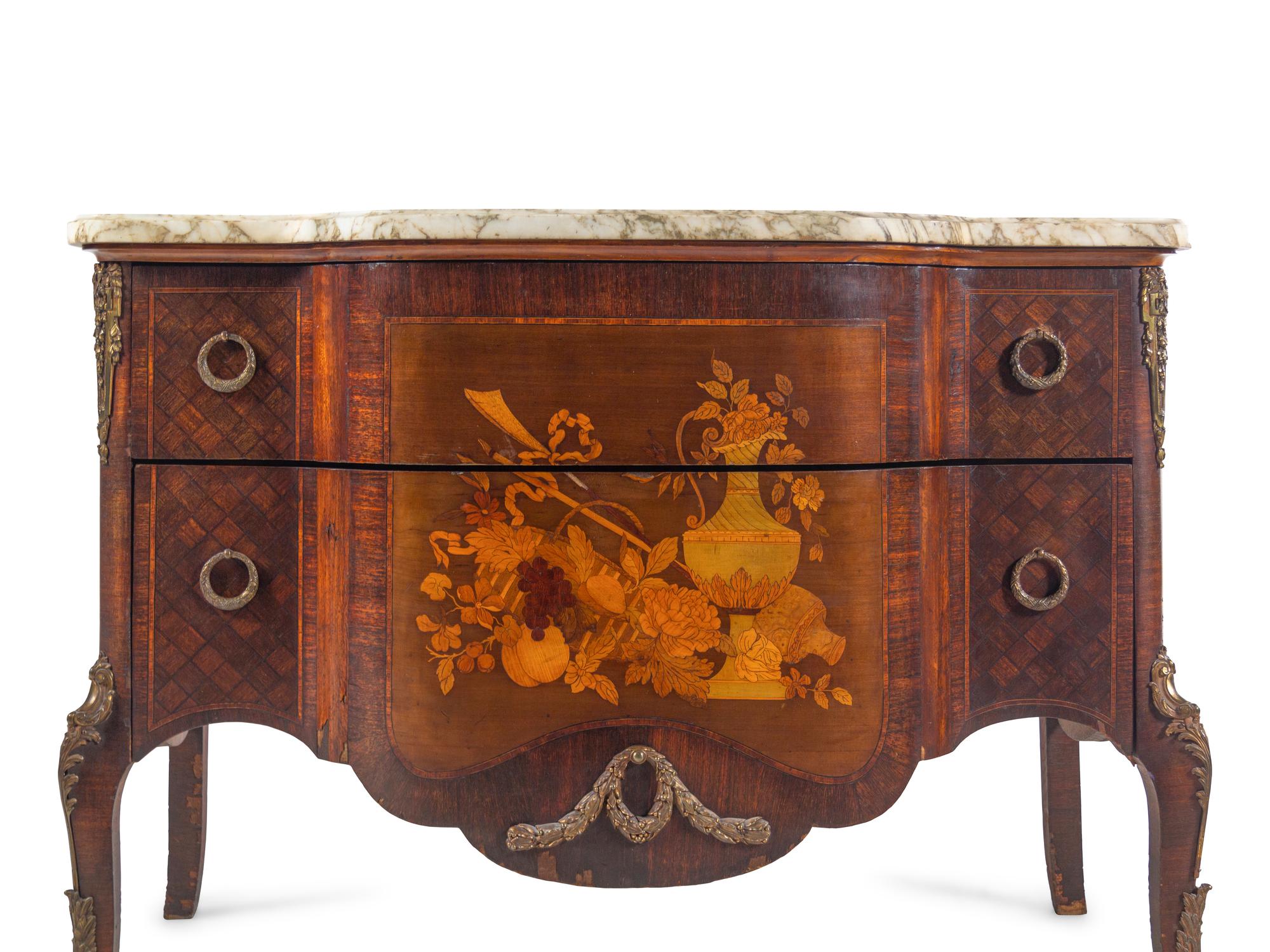 A Louis XV/XVI Transitional Style Gilt Bronze Mounted Marquetry Marble-Top Commode