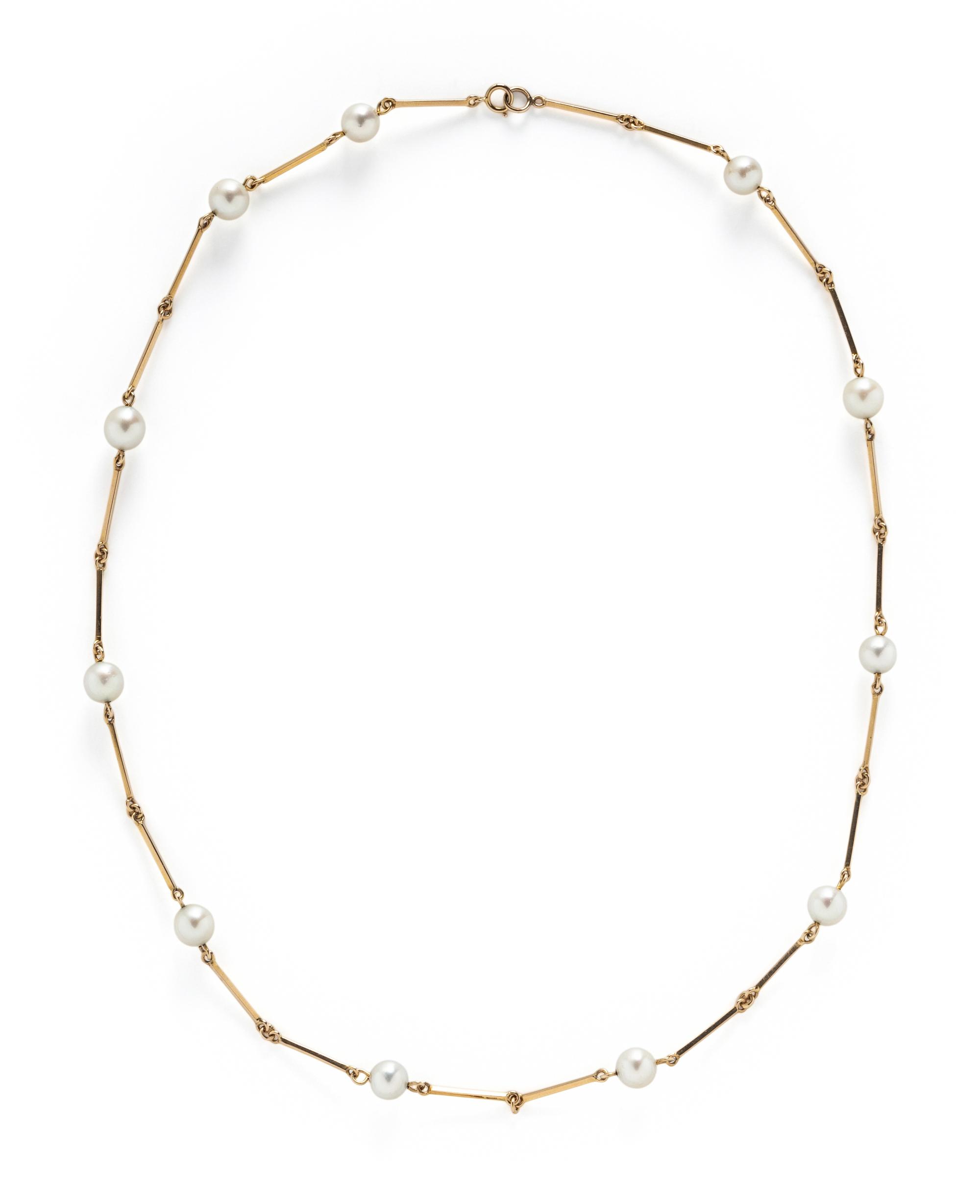 THREE NESTING CULTURED PEARL AND YELLOW GOLD STATION NECKLACES
