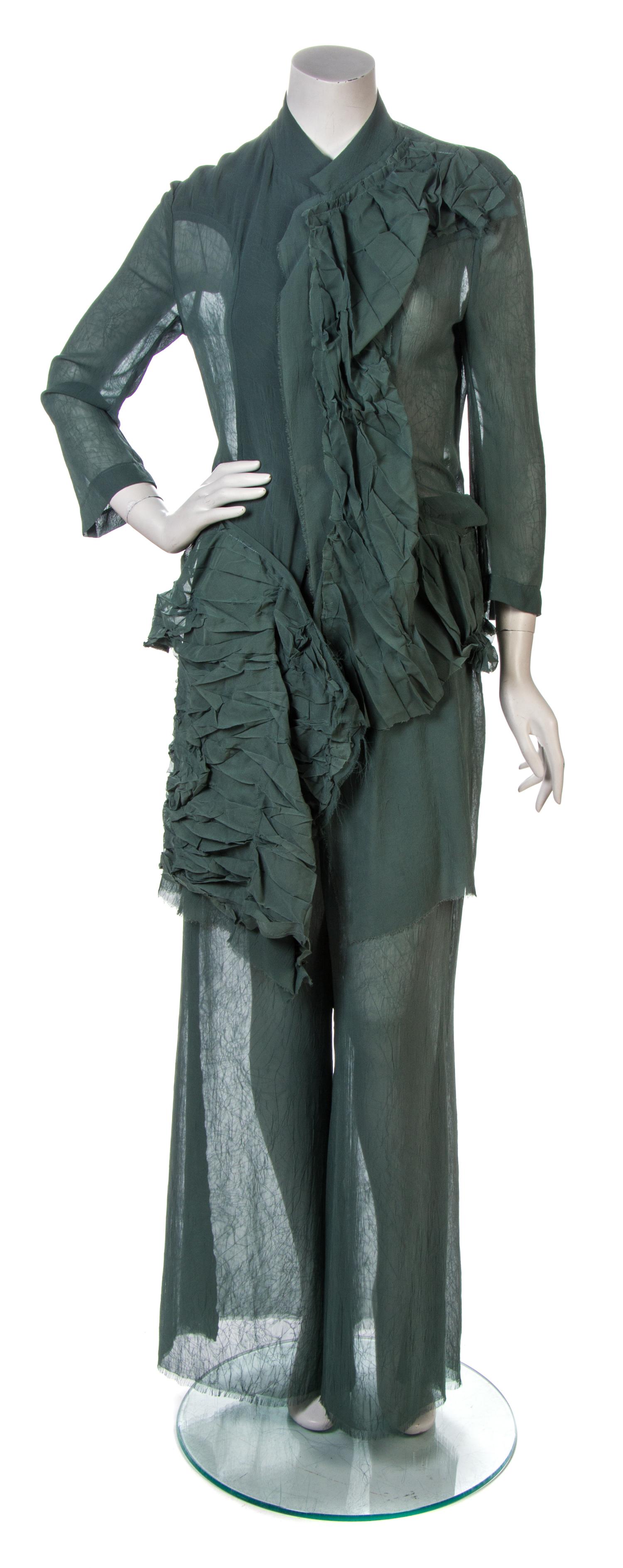 A Yohji Yamamoto Green Sheer Chiffon Runway Pant Ensemble, Size 2.