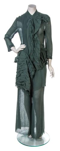 A Yohji Yamamoto Green Sheer Chiffon Runway Pant Ensemble, Size 2.