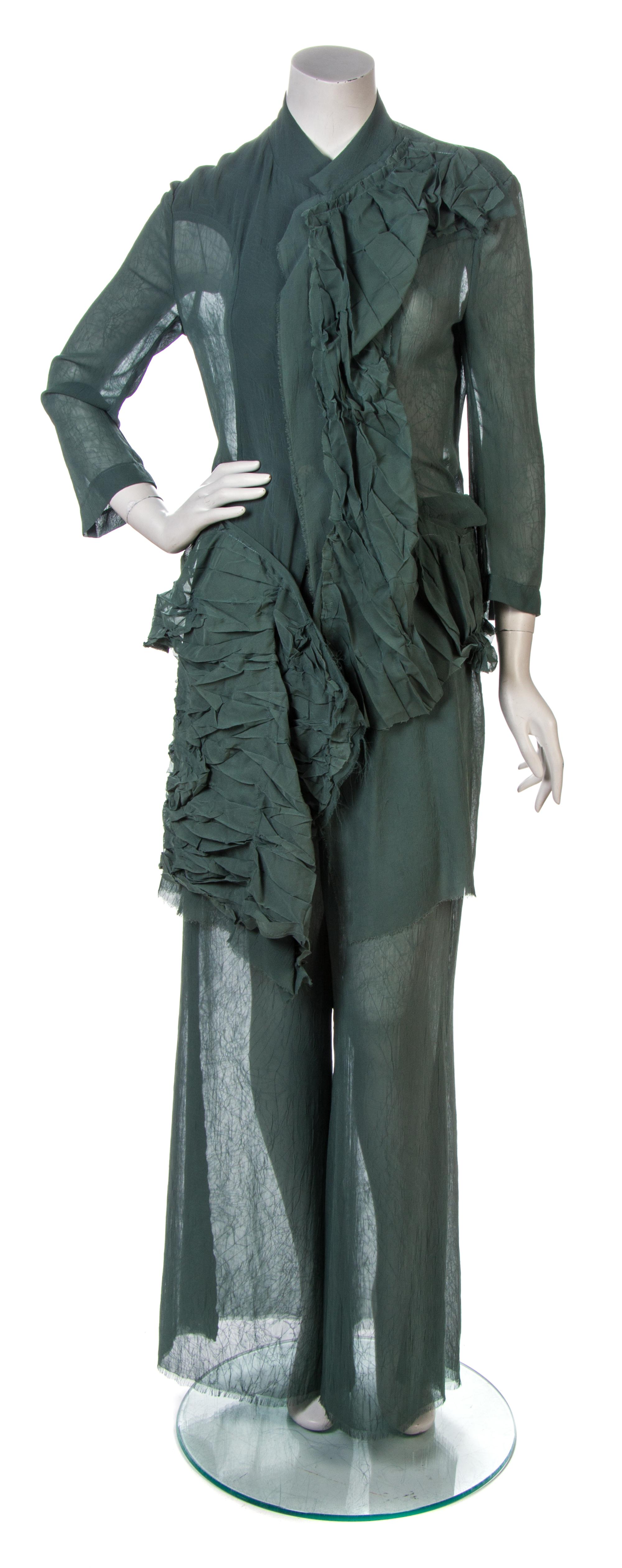 A Yohji Yamamoto Green Sheer Chiffon Runway Pant Ensemble, Size 2.