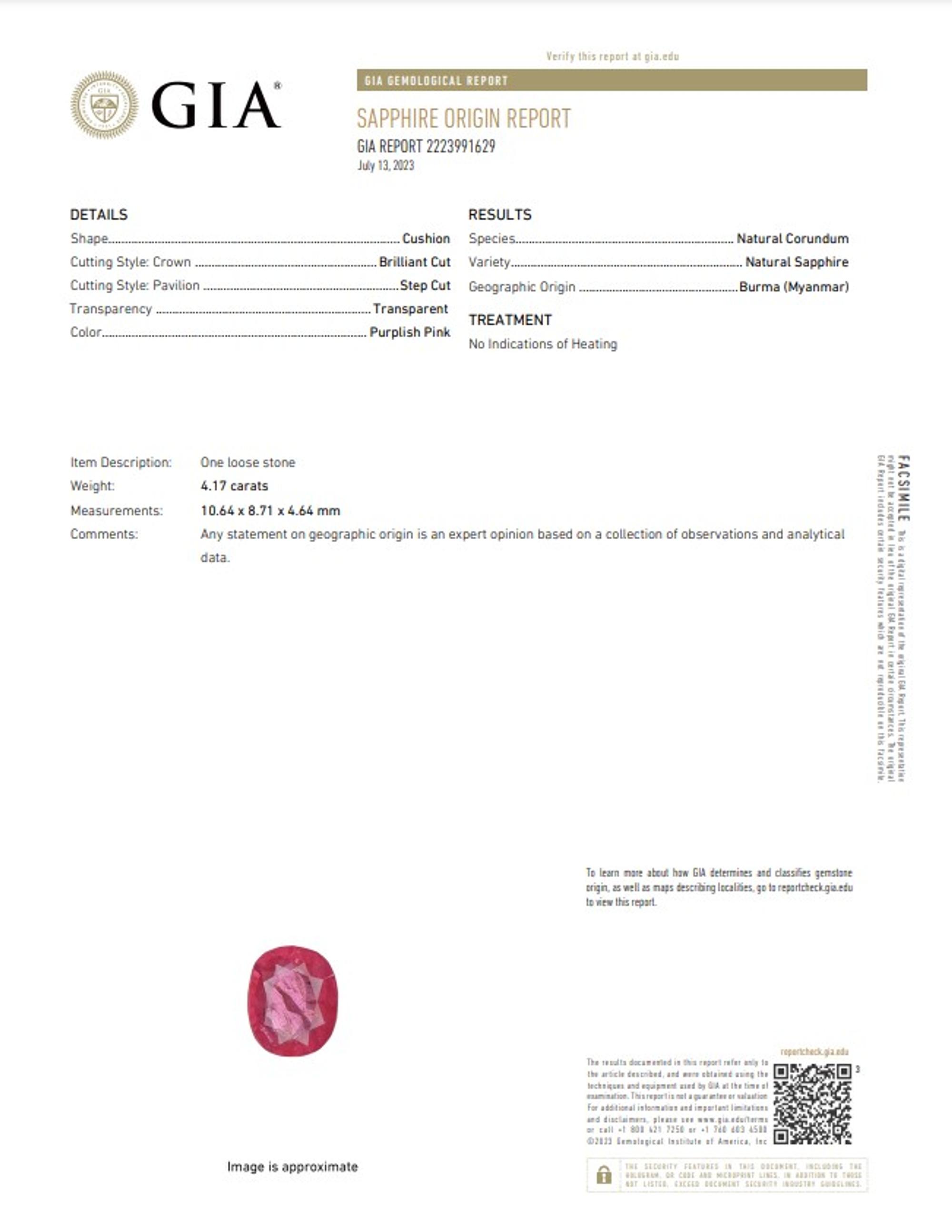 4.17 CARAT PURPLISH PINK BURMESE SAPPHIRE