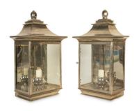 A Pair of Polished Silvered Metal and Glass Wall Lanterns