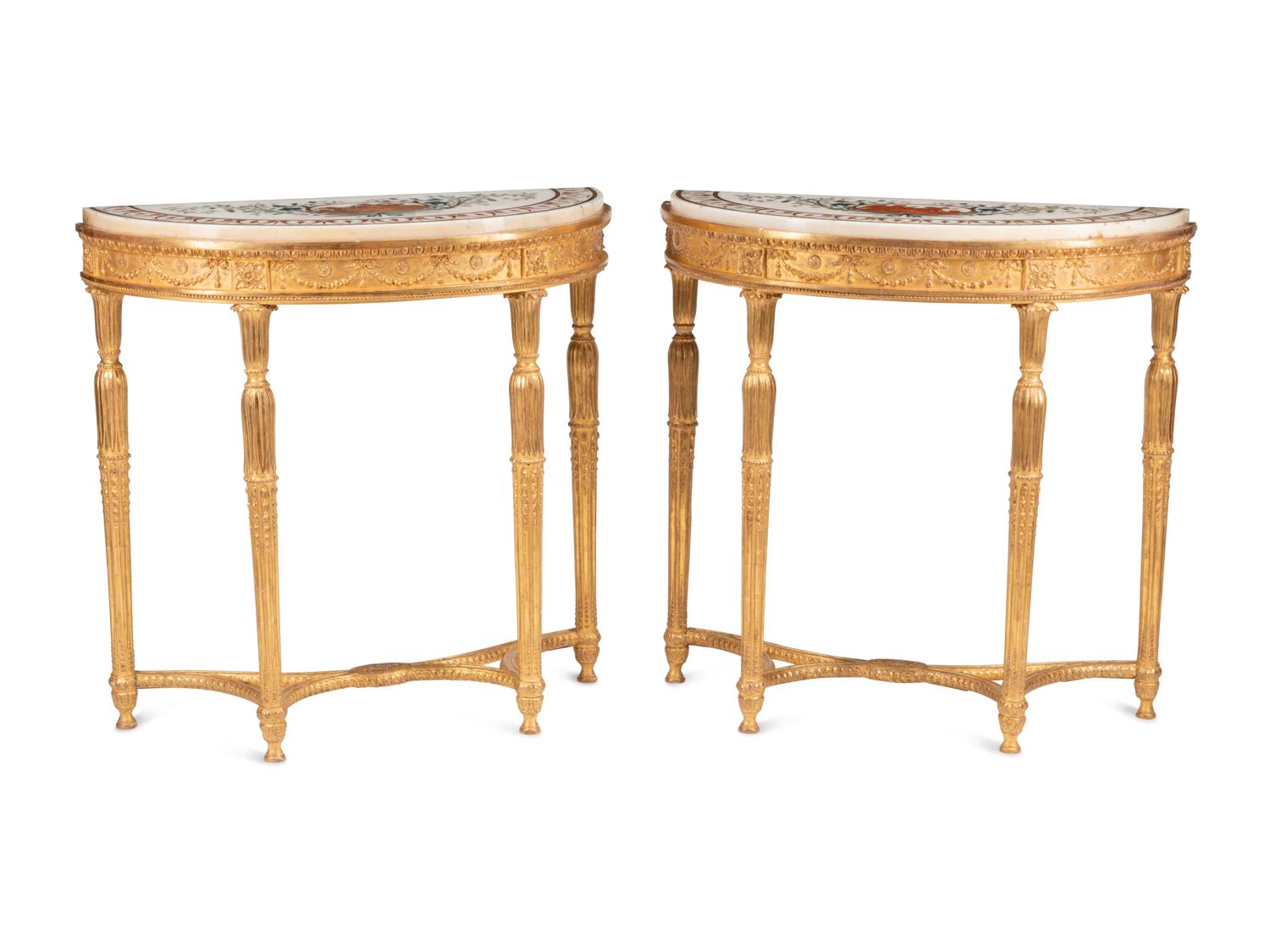 A Pair of George III Giltwood and Polychrome Inlaid Marble-Top Pier Tables