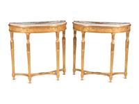 A Pair of George III Giltwood and Polychrome Inlaid Marble-Top Pier Tables