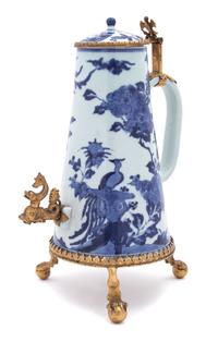 A Chinese Export Brass-Mounted Blue and White Porcelain Coffee Urn