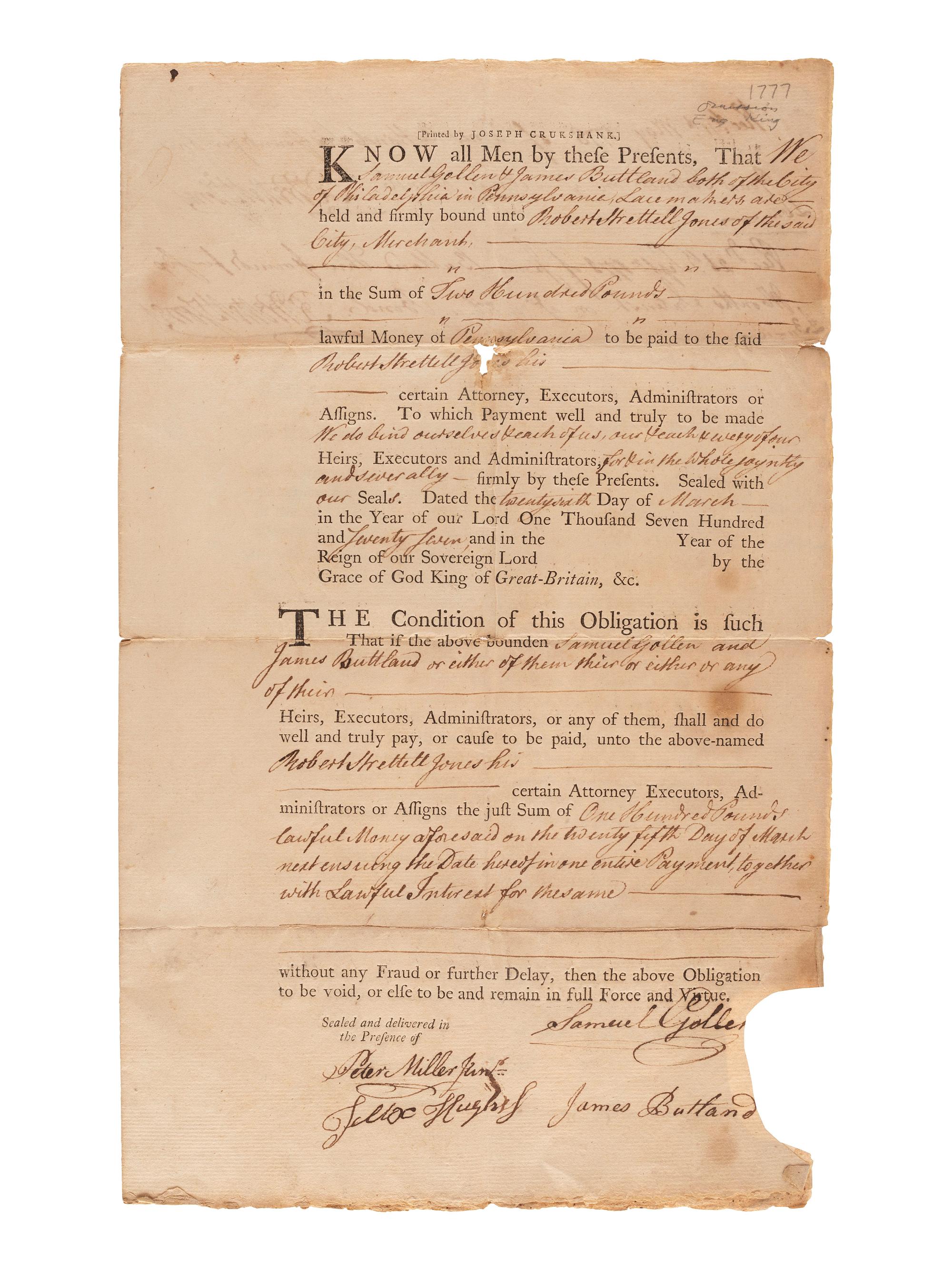[PENNSYLVANIA]. Warrant for a list of men eligible for militia service in Philadelphia, PA. 23 April 1788.