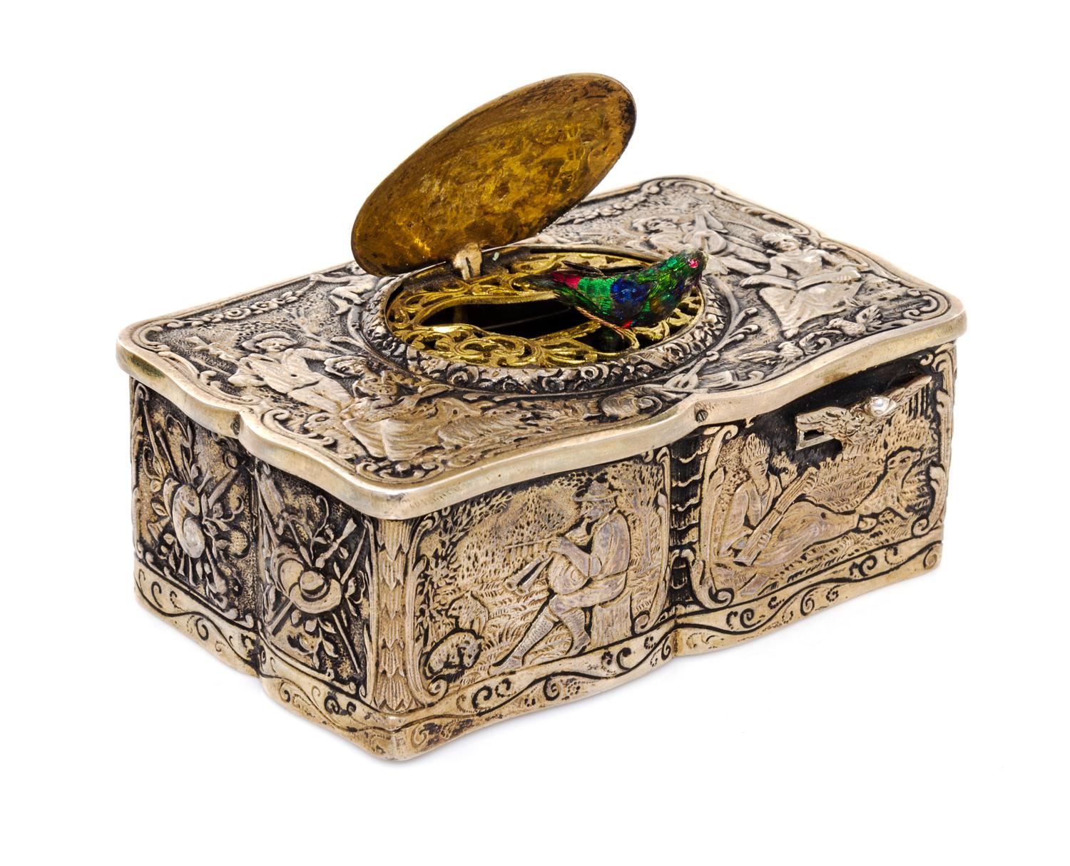 A German Silver Automaton Bird Box Height 1 1/2 x width 4 x depth 2 1/2 inches. — 19th Century