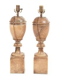 A Pair of Italian Alabaster Urns Mounted as Lamps with Silk Shades