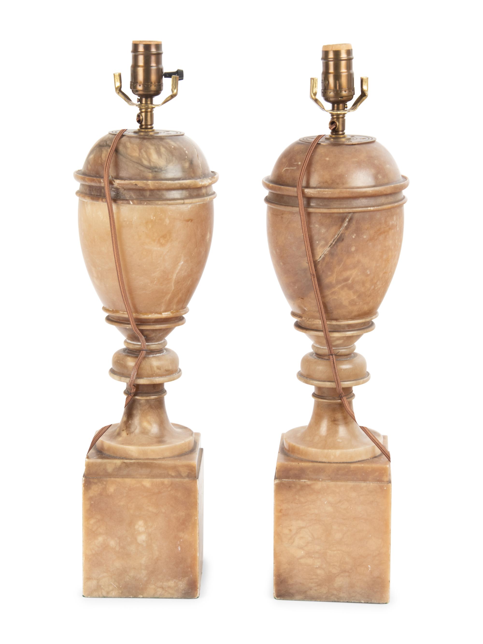 A Pair of Italian Alabaster Urns Mounted as Lamps with Silk Shades