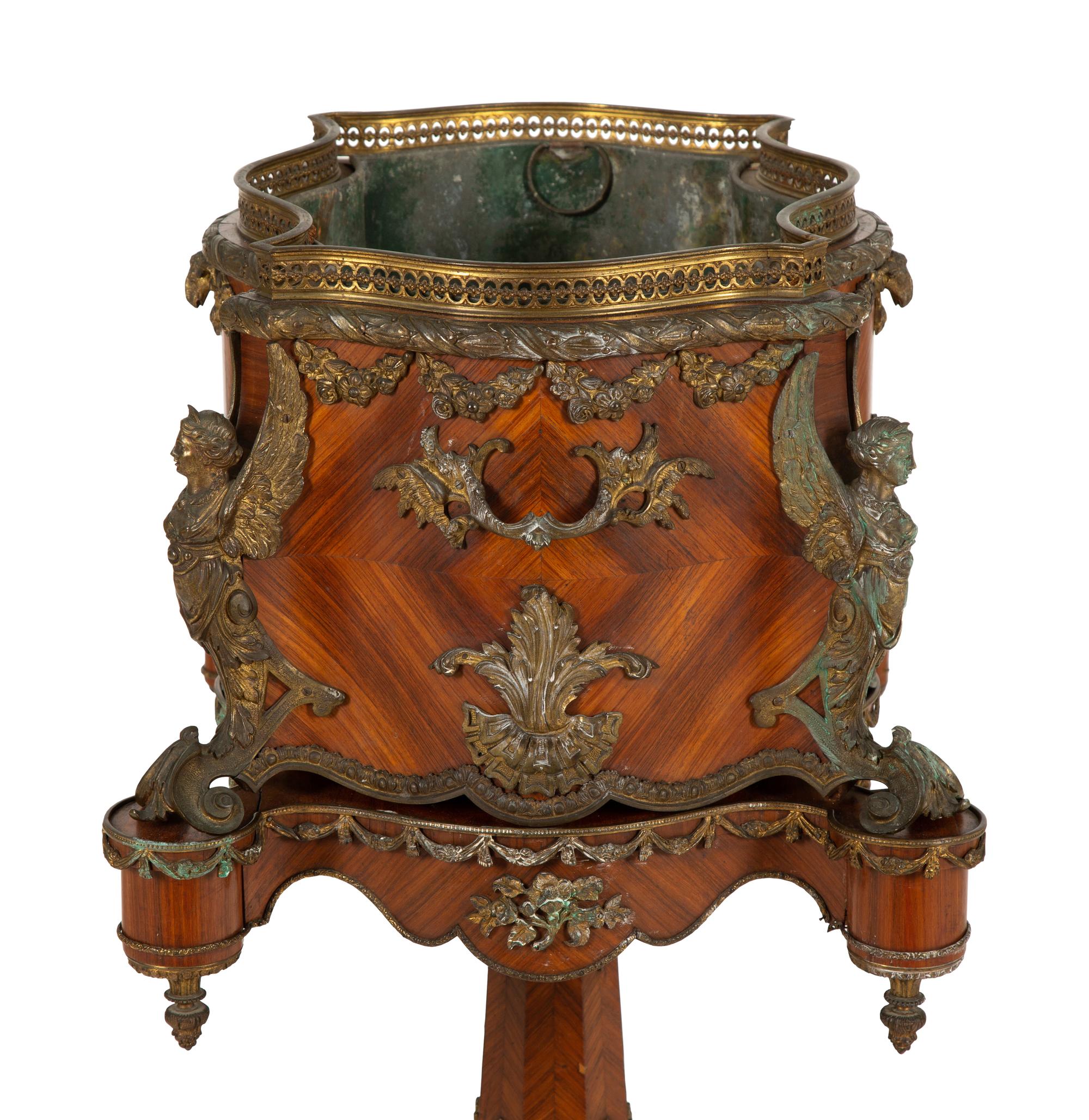 A Napoleon III Gilt Metal Mounted Kingwood Jardinière and Stand