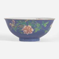 A Chinese blue sgraffito-ground famille rose "Peony” bowl 粉彩牡丹碗 Qianlong six-character seal mark ?????