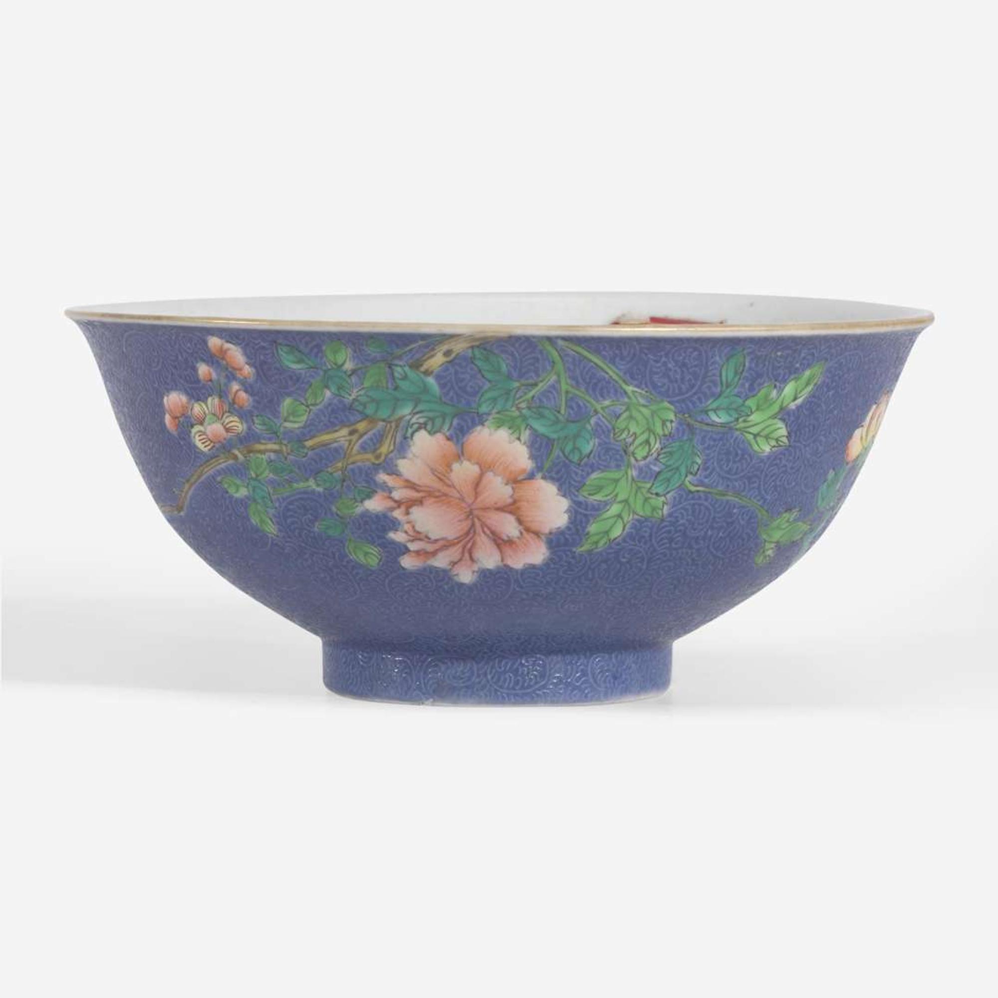 A Chinese blue sgraffito-ground famille rose "Peony” bowl 粉彩牡丹碗 Qianlong six-character seal mark ?????