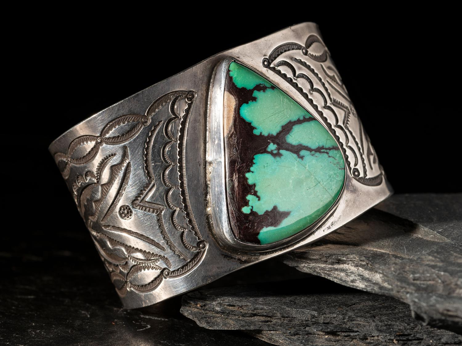 Wide Heavily Stamped Silver and Turquoise Man's Cuff Bracelet