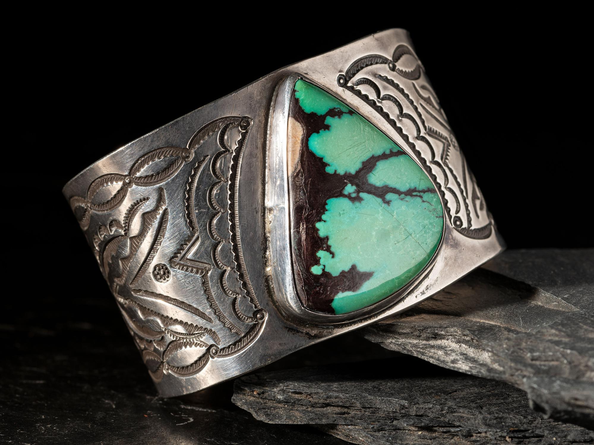 Wide Heavily Stamped Silver and Turquoise Man's Cuff Bracelet
