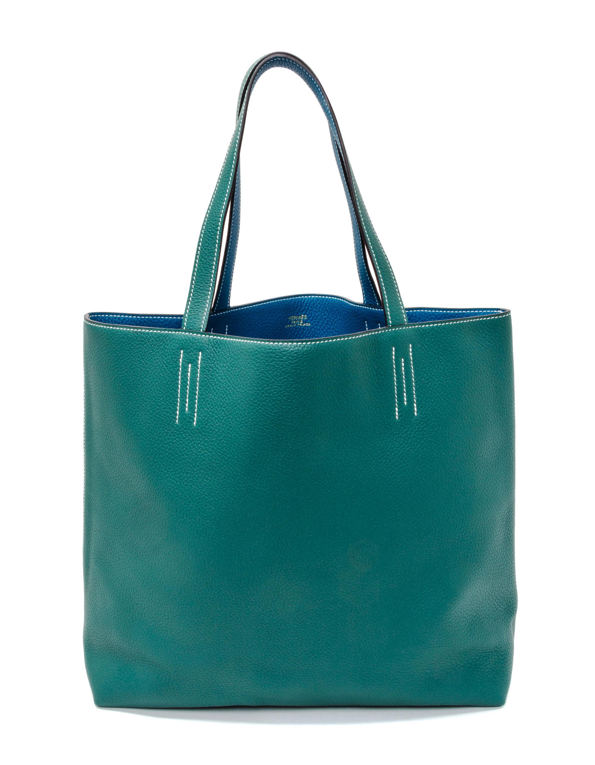 An Hermes Malachite/Bleu Izmir 45cm Taurillon Clemence Double Sens Tote, 17.5" x 15.5" x 5".